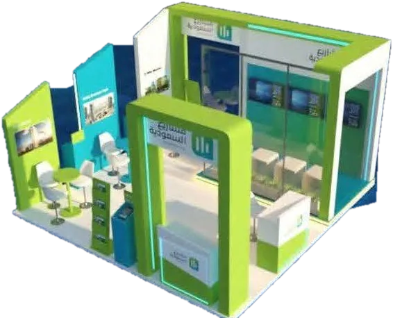 3D render of a green and white exhibition booth